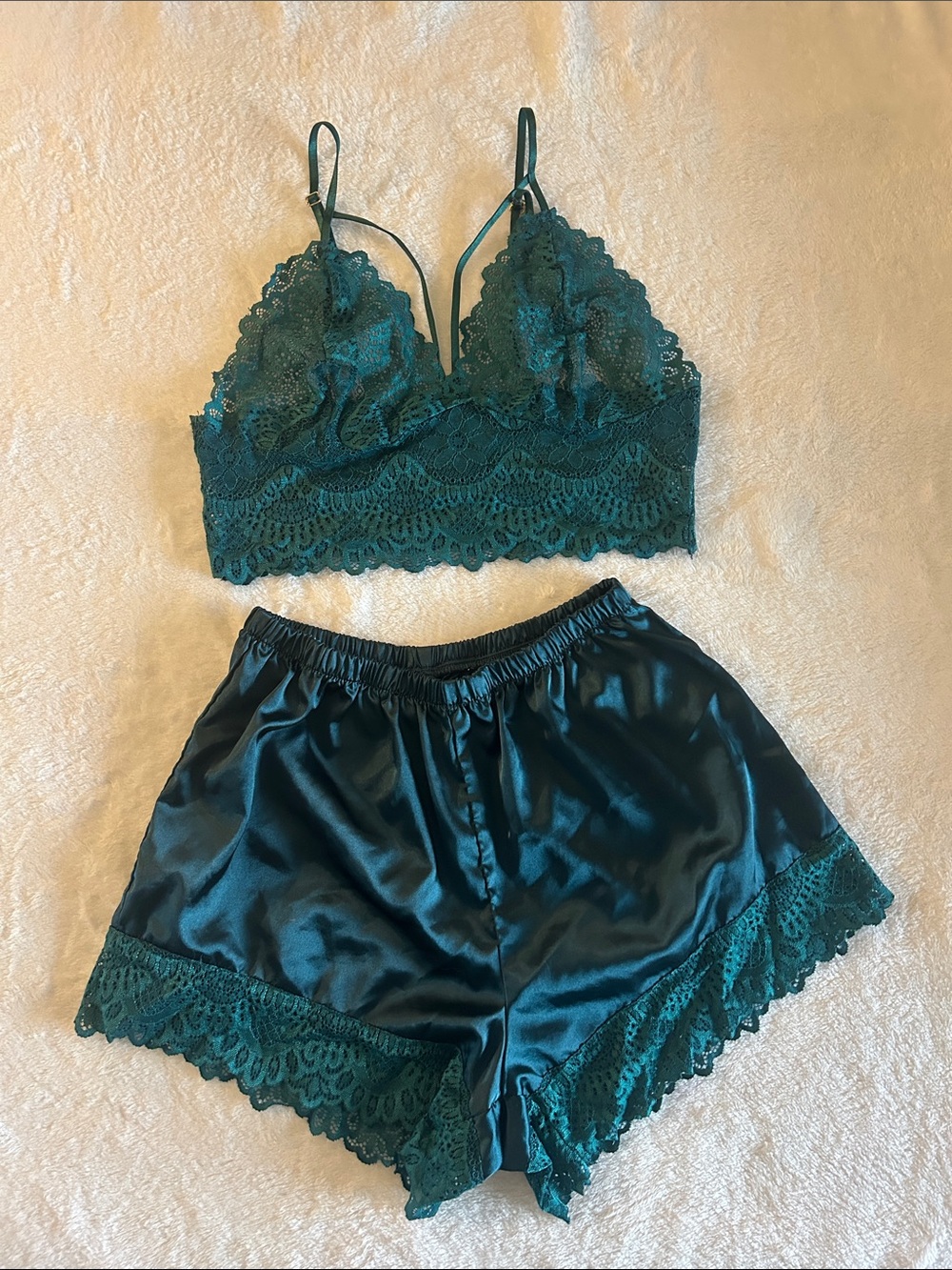 SHEIN Teal Lace Bralette and Satin Shorts Set
